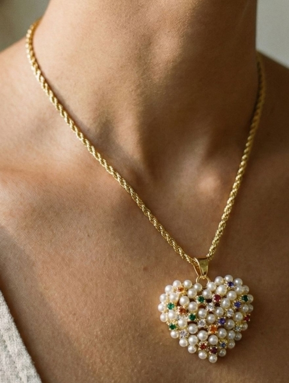 Multicolors 5A Stones Enamel Pearls 400fd Heart Pendant Necklace